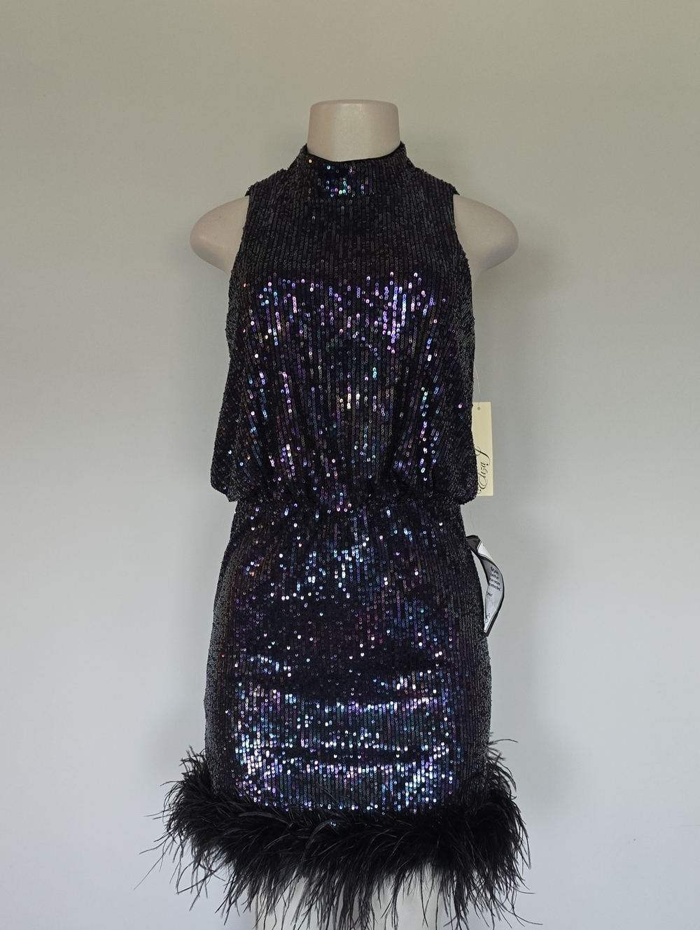 Eliza J black mesh sequin sleeveless dress- feather trim-6